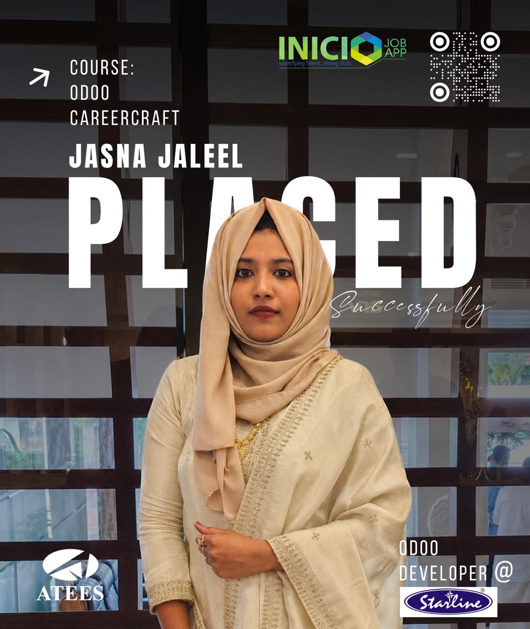 Congratulations Jasna Jaleel!Placed successfully as an Odoo Developer @ StarlineYour hard work p