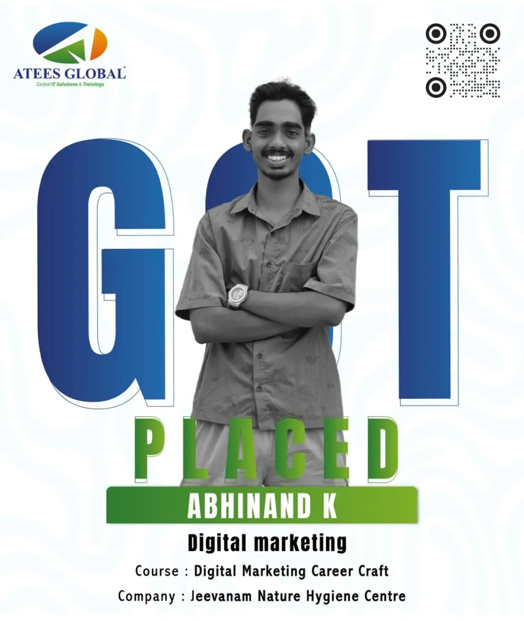 Congratulations to Abhinand K on getting placed as a Digital Marketing Professional at Jeevanam