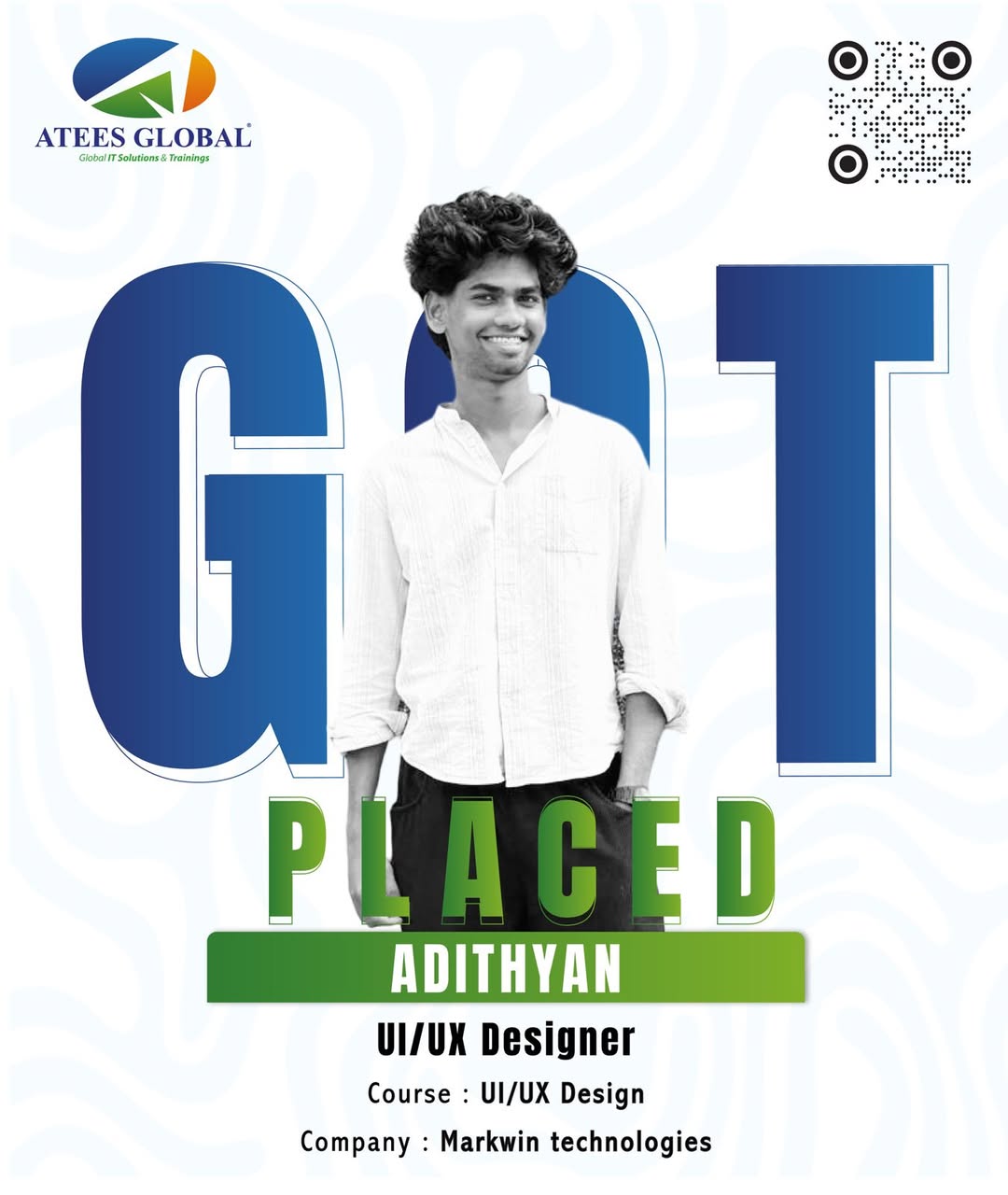 Congratulations to Adithyan for getting placed as a UI-UX Designer at Markwin Technologies after