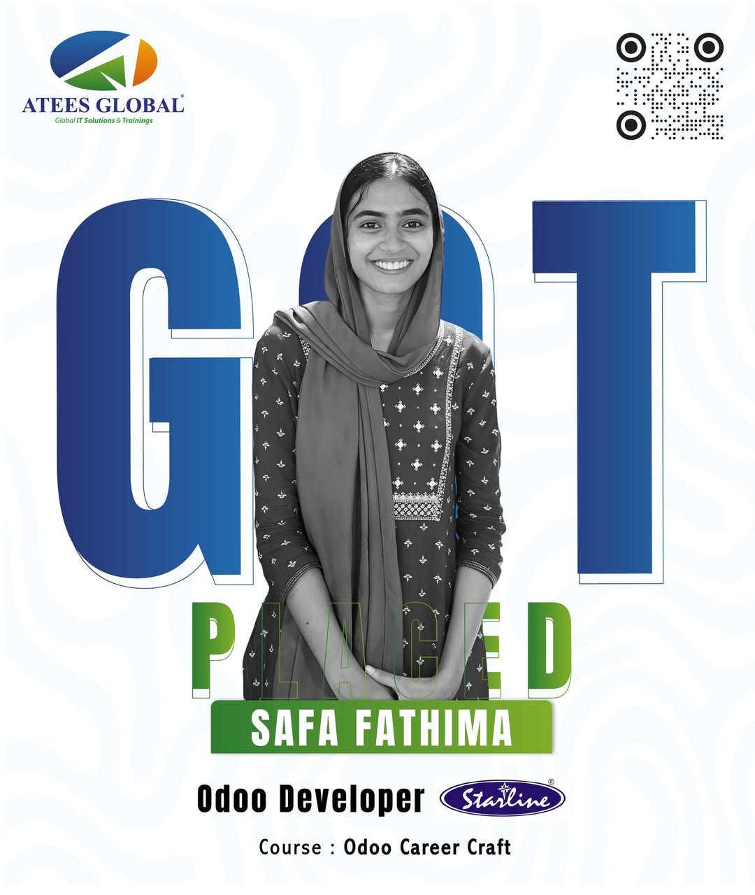 Congratulations to Safa Fathima on getting placed as an Odoo Developer at Starline! 🎉Your dedic