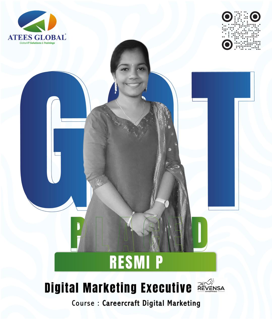 Proud moment for Resmi P on her placement as a Digital Marketing Executive! Wishing her continue